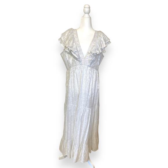 Roller Rabbit White Ondine Lurex V-Neck Cap Ruffle Sleeve A-Line Midi Dress - Picture 2 of 11